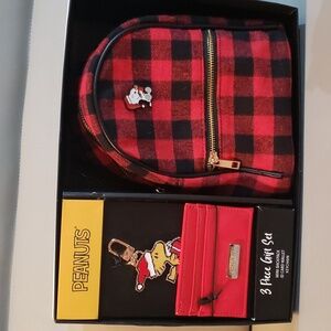 PEANUTS red black Buffalo check mini Backpack wallet keychain 3 pc gift NWT